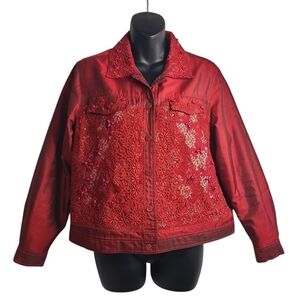 Coldester Creek Blazer Jacket Women's Silk  Red Lace Trimmed Button Up Sz PM